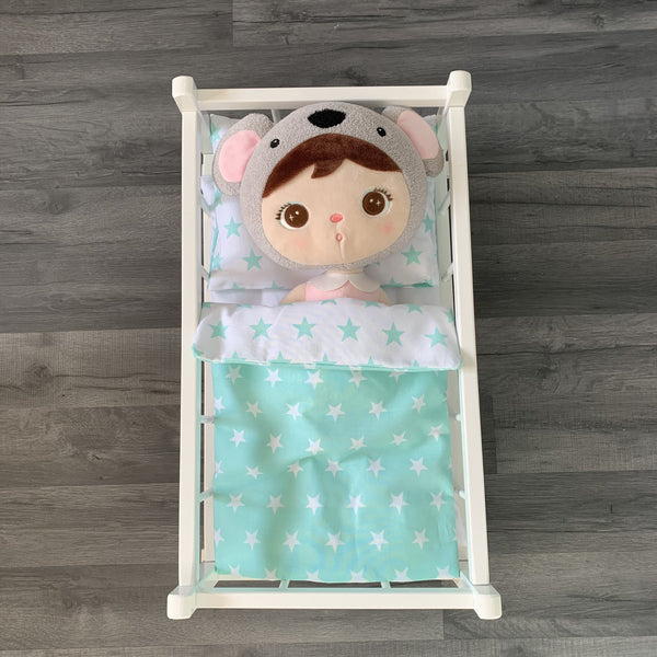 Dolls Pram or Cradle Bedding Set - Mint With Fawn And Flowers-Dolls Pram Bedding Set-BabyUniqueCorn