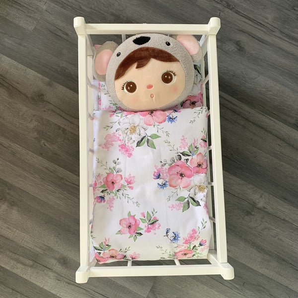 Dolls Pram or Cradle Bedding Set - White With Apple Flowers-Dolls Pram Bedding Set-BabyUniqueCorn