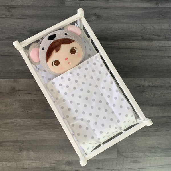 Dolls Pram or Cradle Bedding Set - White With Grey Polka Dots-Dolls Pram Bedding Set-BabyUniqueCorn