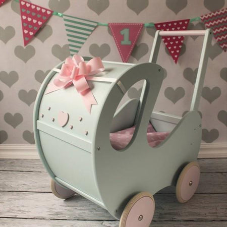 Dolls Pram or Cradle Bedding Set - Mint With Fawn And Flowers